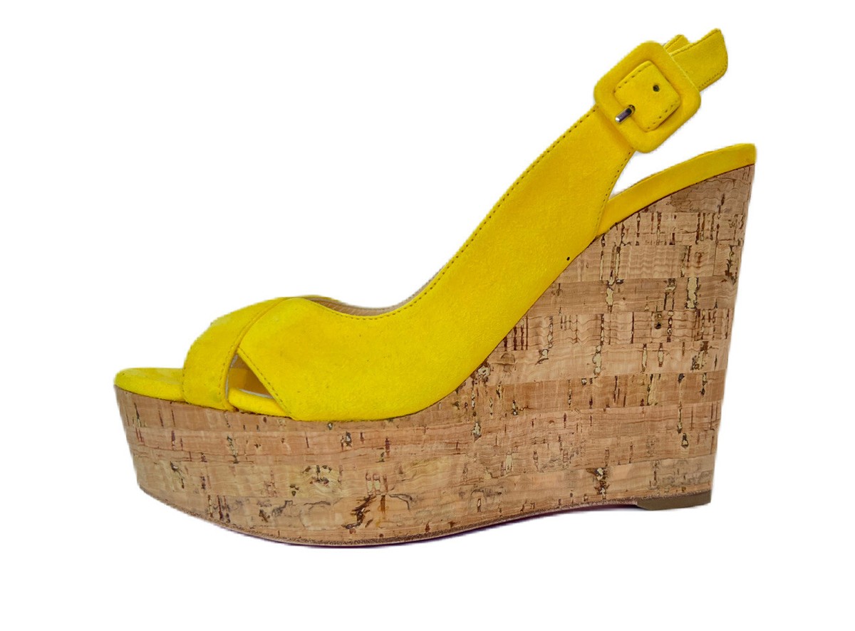 Christian Louboutin Reine De Liege Suede Yellow Cork Wedge Sandals
