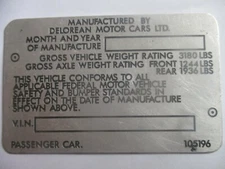 Type Plate Sign DeLorean DMC S101 Gullwing Back To The Future