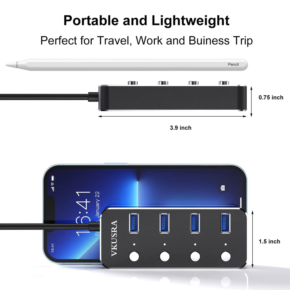 4-Port USB 3.0 Hub with 4ft Cable & LED Indicators