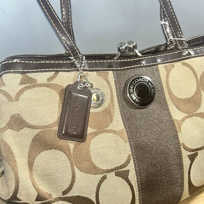 COACH KHAKI SIGNATURE BLACK STRIPE CARRY ALL HANDBAG SATCHEL E1282