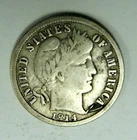 1914 ERROR STRUCK THRU METAL AT 5 O'CLOCK FINE+ FULL RIMS BARBER DIME ERROR COIN