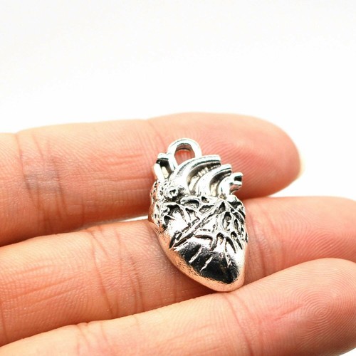 2 Human Heart Charms Silver Anatomy Pendants Organ Jewelry Findings