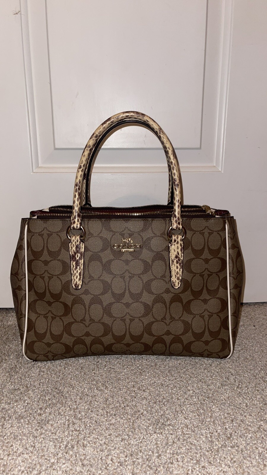 COACH Signature Khaki Snake Skin Trim Handbag Gem