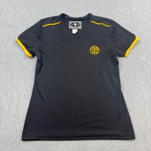Vintage Gold's Gym Shirt Mens Small Black Yellow Stretch V Neck Tee Workout Gym