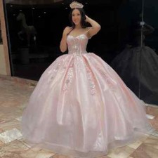 Pink Ball Gown Quinceanera Dresses Beading Crystal Applique Lace Tull Sweet 16