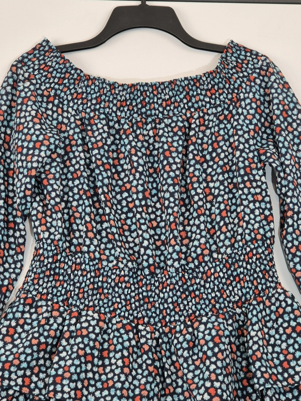 Abito donna Michael Kors taglia L floreale spalle scoperte fumè a strati con volant (63)