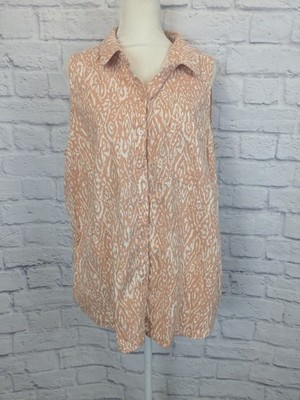Eco Threads Linen Blend Button Up Sleeveless Blouse XL Dusty Coral Tunic