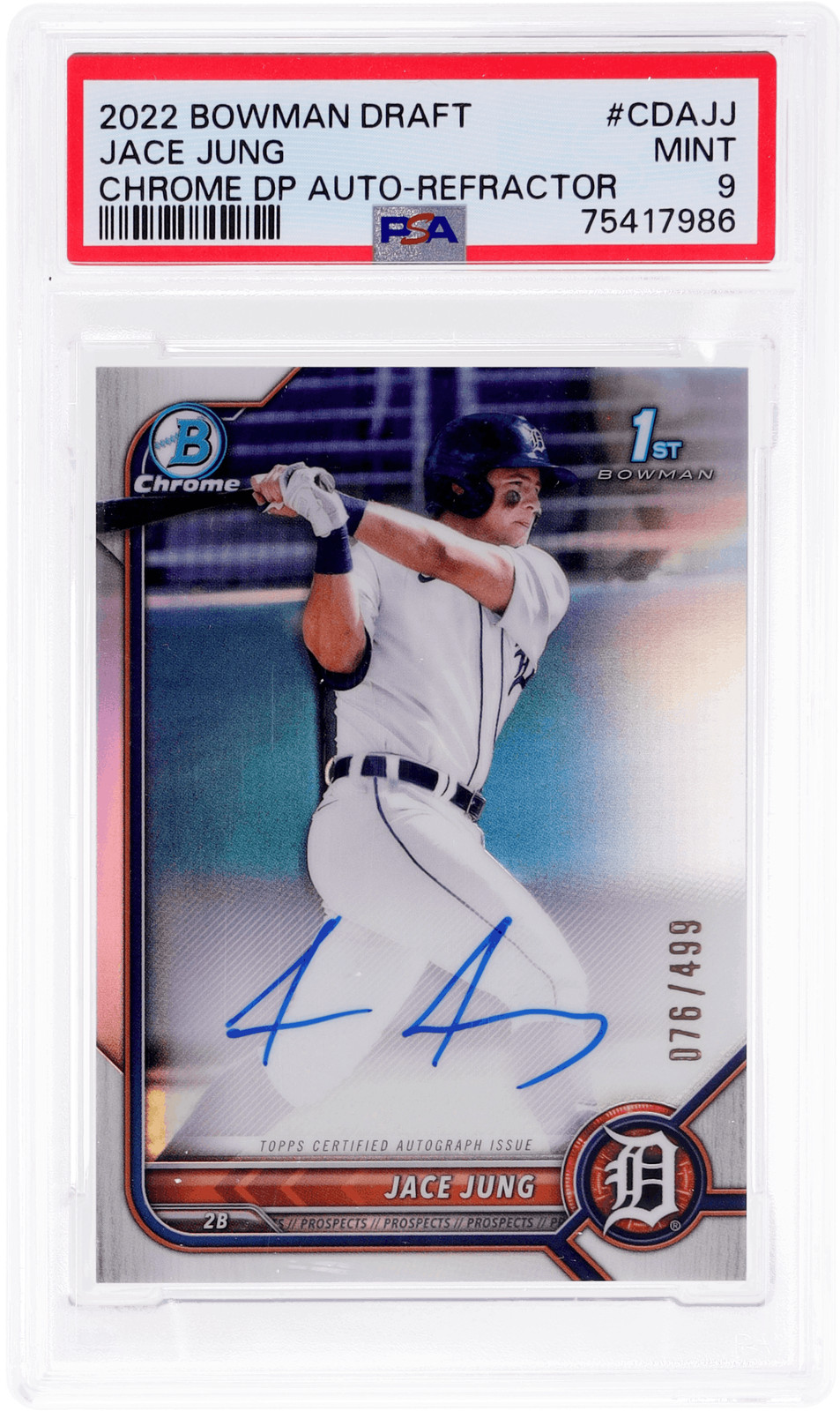 2022 Bowman Draft Jace Jung Chrome Auto Refractor #CDAJJ /499 PSA 9