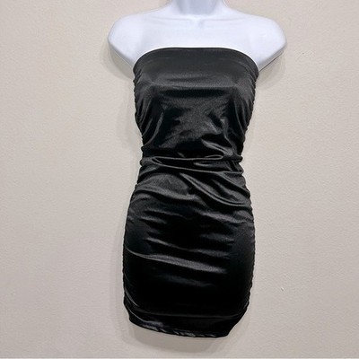 Black Satin Ruched Strapless Bodycon Mini Dress Small S60003HZAD