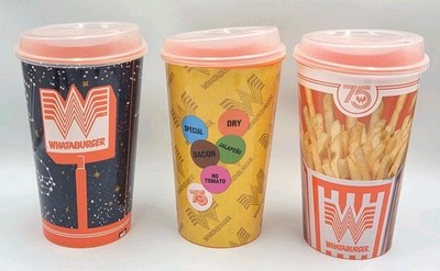 Set Of 3 WHATABURGER 75th Anniversary Limited Edition 32 oz Collector Cups & Lid