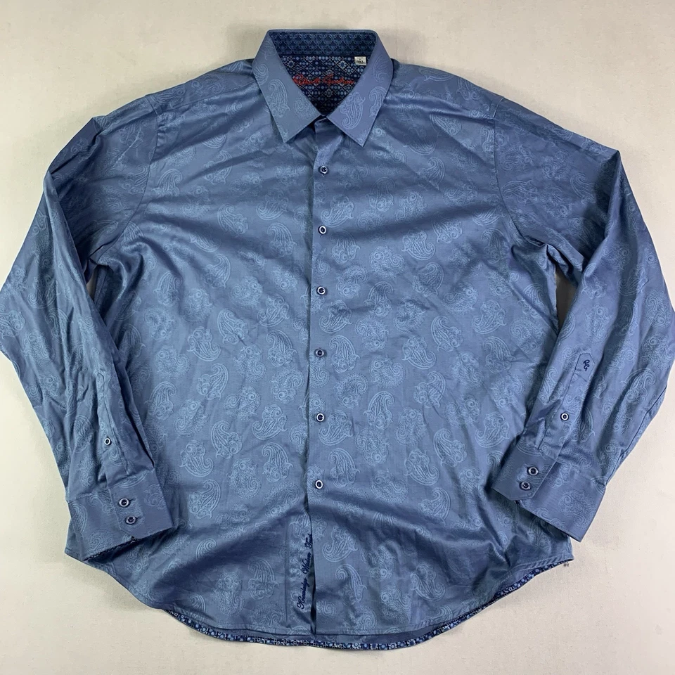 Robert Graham Shirt Men XXL Paisley Jacquard Floral Flip Cuff Blue Classic Fit - Image 2 of 4