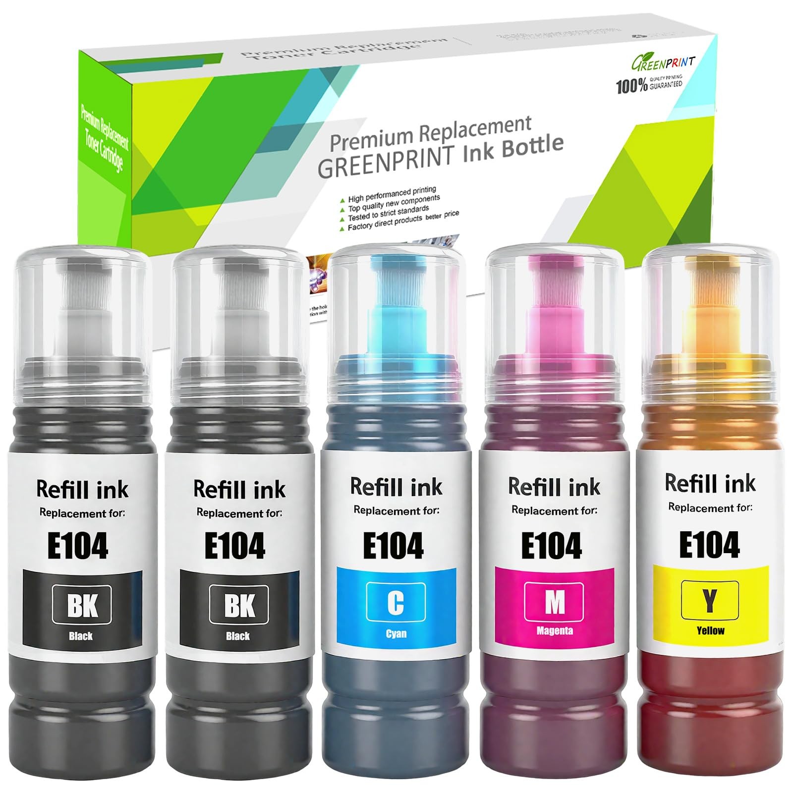 Pack de 5 bouteilles d'encre E104 noir et couleur pour imprimante EcoTank