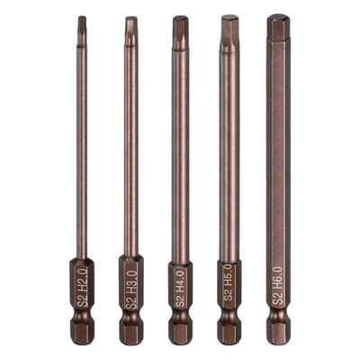 5pcs Flat Hex Screwdriver Bit H2-H6 Magnetic Tip 1/4'' Shank 4'' Long Copper Tone