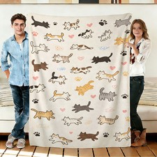 Cute Cat and Paw Flannel Blanket Soft Cozy Throws Napping Travel Use
