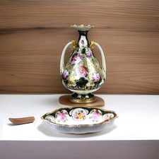 Antique Nippon Vase & Bowl Set Hand Painted Roses and Gold Moriage Double Handle