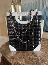 CHANEL Black Patent Quilted Tote with White T...