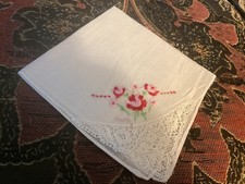 Vintage Crochet Edge Pink Red Flowers Embroidery Hankie VGC