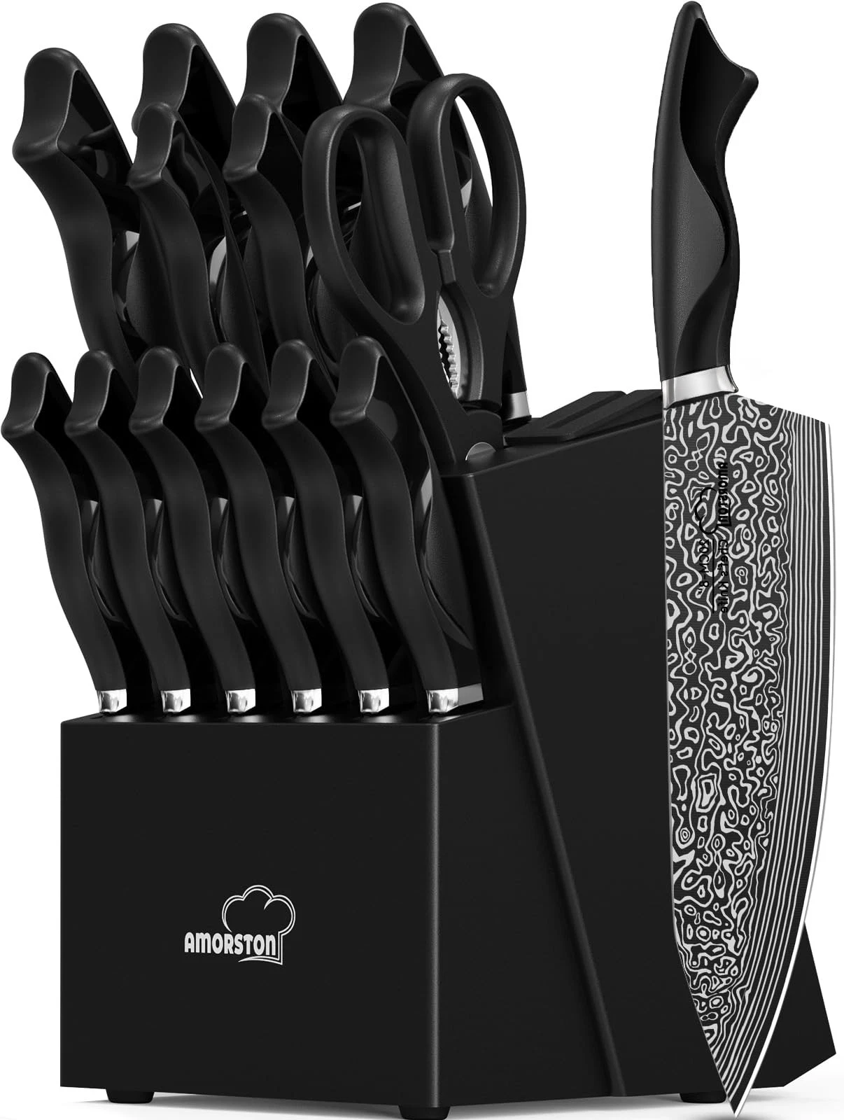 Set, 15 Pieces Kitchen Set with Built in Sharpener, High Carbon German Stainl...