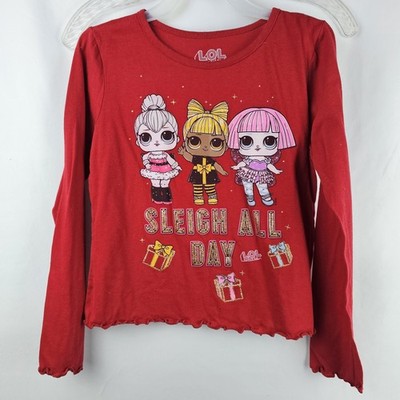 L.O.L Surprise! Dolls Red Christmas Long Sleeve Graphic T-Shirt Girls Lg Ruffle
