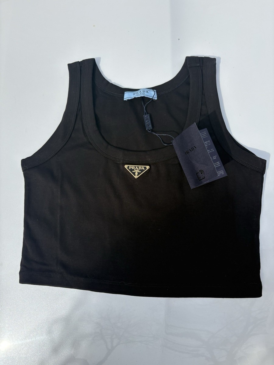 PRADA Logo Knit Cotton Cropped Tank Top Black Wide Strap