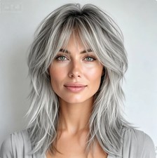 Human Hair Natural Women's Short Silver Gray Straight Wigs With Bangs 14 In