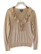 Womens Silk Angora Ruffle Neck Crochet Lace Trim Sweater M Coquette Old Money