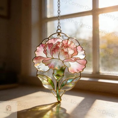 Pink Carnation Suncatcher Acrylic Window Decor Flower Gift