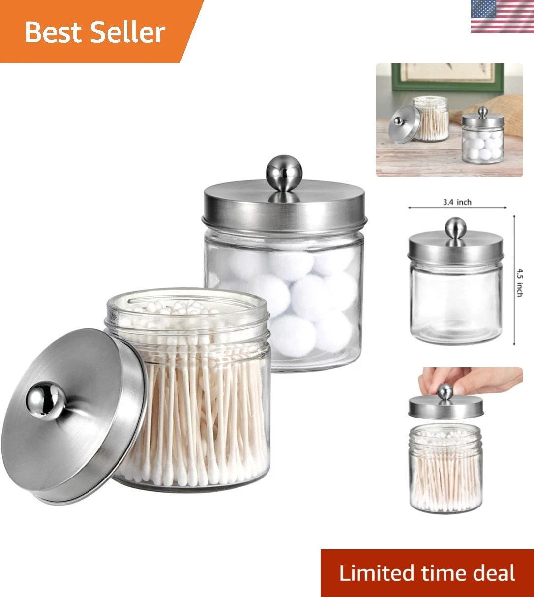 2-Pack Brushed Nickel Mason Jar Qtip Holder - Glass Apothecary Jars Bathroom ...