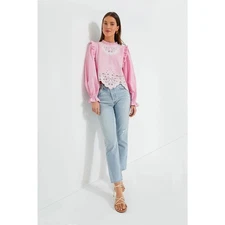 New Love The Label Pink White Bernice Top Embroidered Ruffled Long Sleeve Sz S