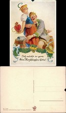 Humorkarte: Liebespaar in bayerischer Tracht mit Lebkuchenherz 1950