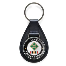 4th Infantry Division Iraq Combat Veteran Black Leather Keychain Silver Keyring