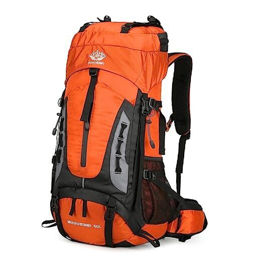 60L Lightweight Orange Hiking Backpack for Men with Rain Cover