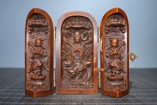 4" Exquisite natural boxwood carved Guanyin dragon kwan yin statue Expansion box
