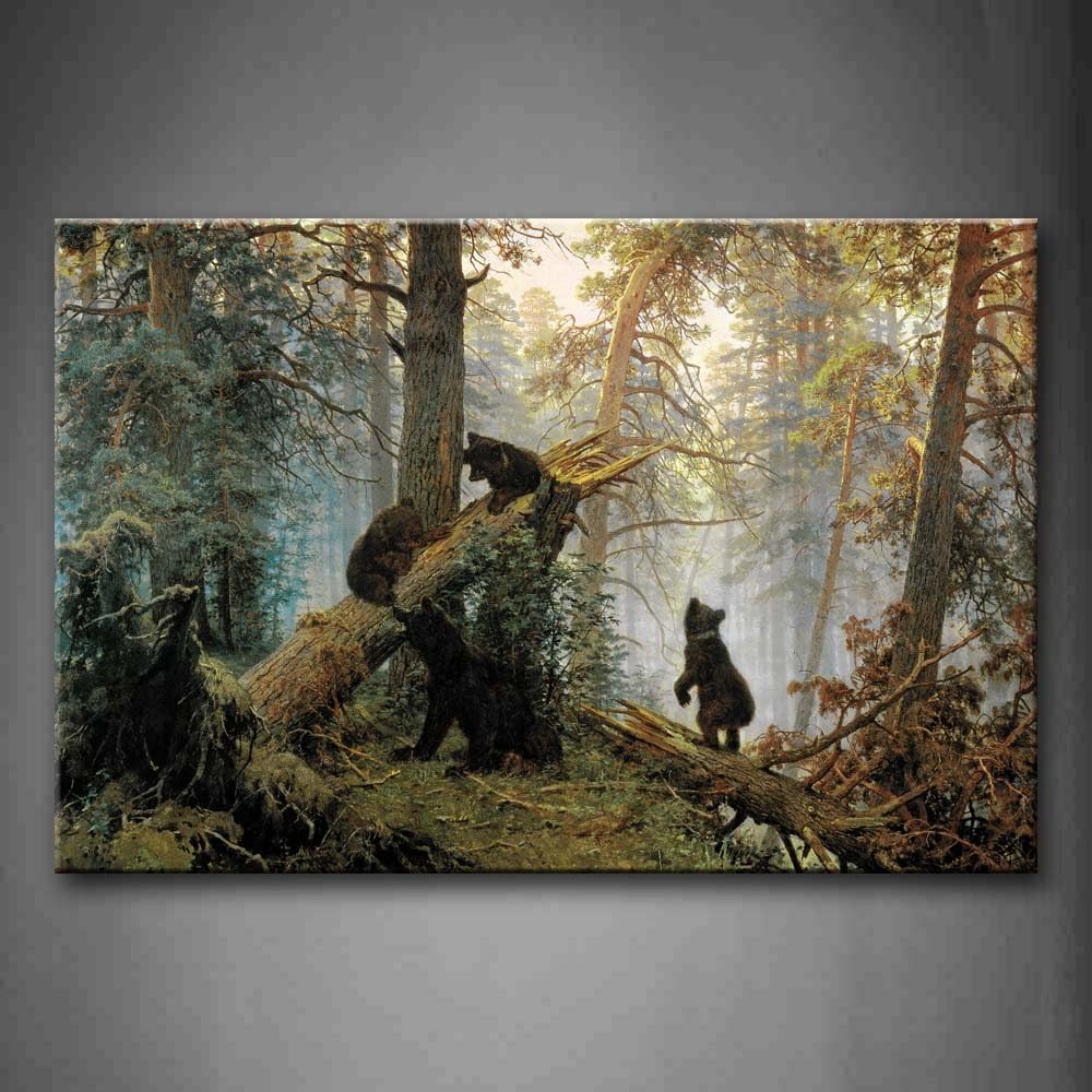 Black Bear Forest Play Canvas Art with Broken Tree Scene