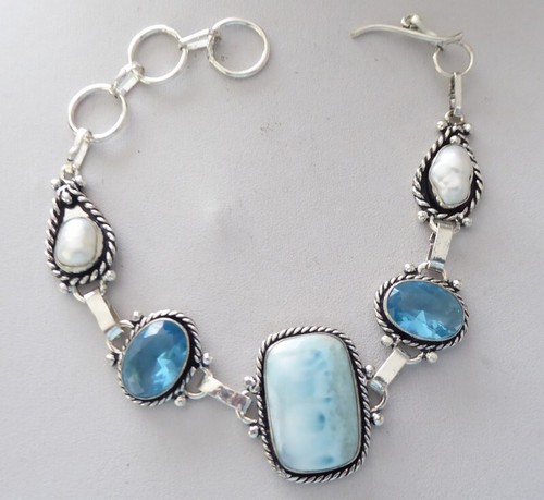 Bague Artisanale Ajustable en Argent 925 et Larimar Ronde - Ander-Perles