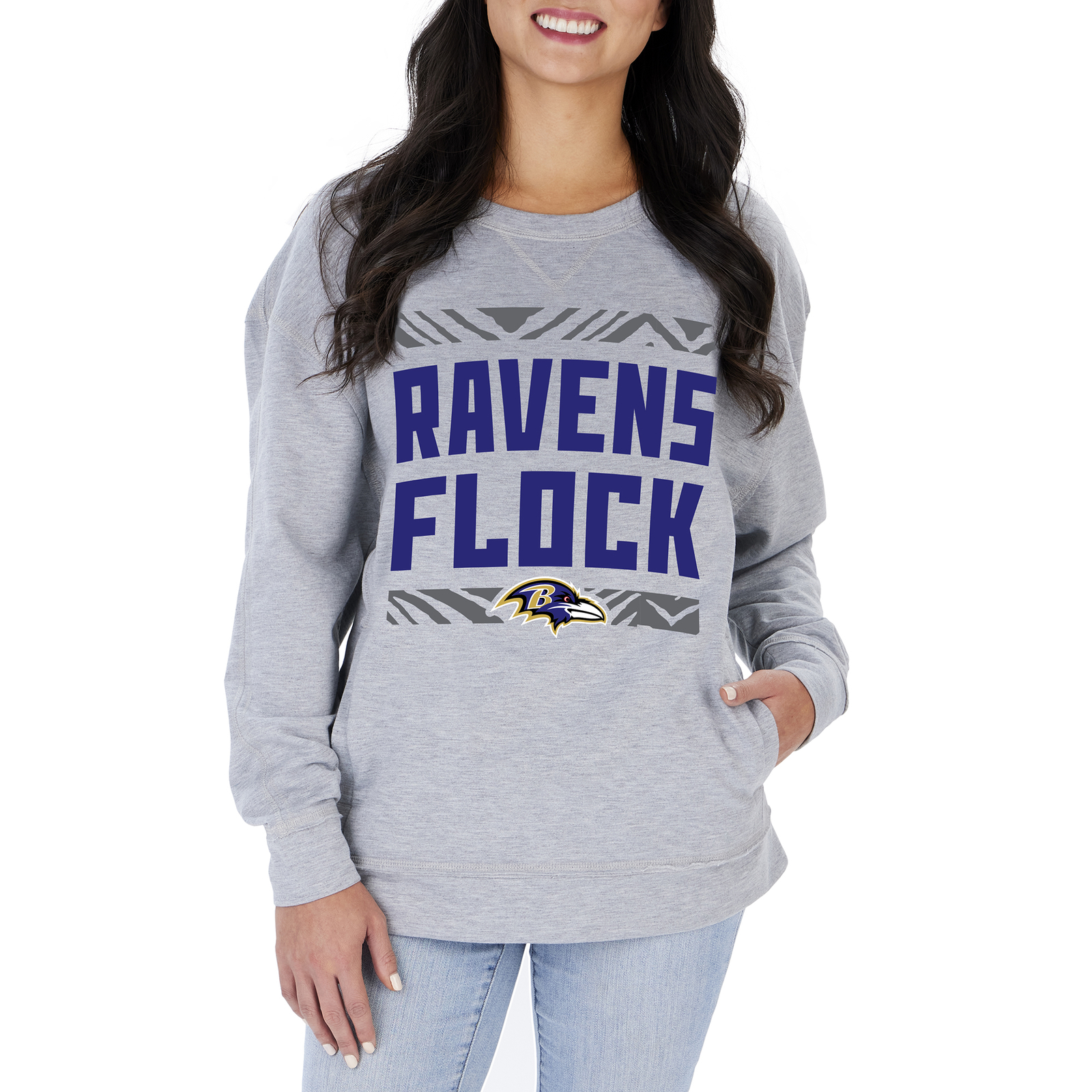 Женская толстовка с круглым вырезом Zubaz NFL Baltimore Ravens Heather серого цвета