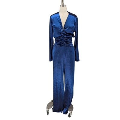 01365 NEW Gabrielle Union Velvet Wide Leg Jumpsuit Blue L retro party cocktail