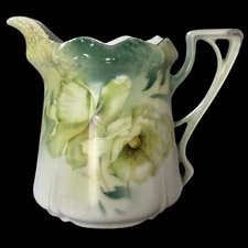 Antique RS Germany Porcelain Creamer Poppy Flower Handpainted Art Nouveau Green