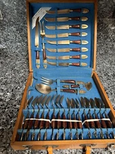 Vintage Kee Tek Jewelry Silverware Set With Box, Teak Handles, 29 Pieces