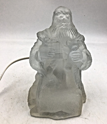 Frosted Light Up Glass Santa w Deer/Presents Table Lamp Corded Crystal Clear