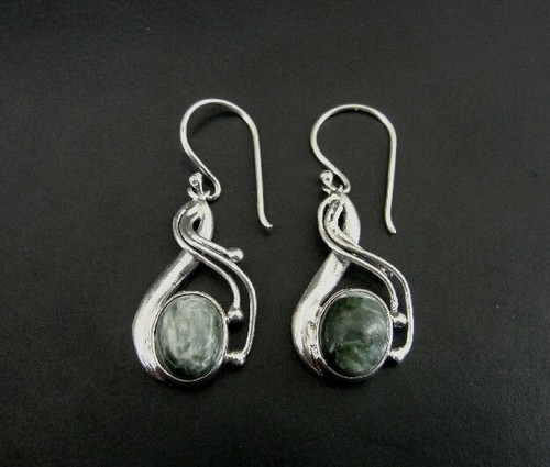 Orecchini Argento Sterling Verde Serafinite Pietre 925 Goccia Pendente Traforato  - Foto 4 di 5