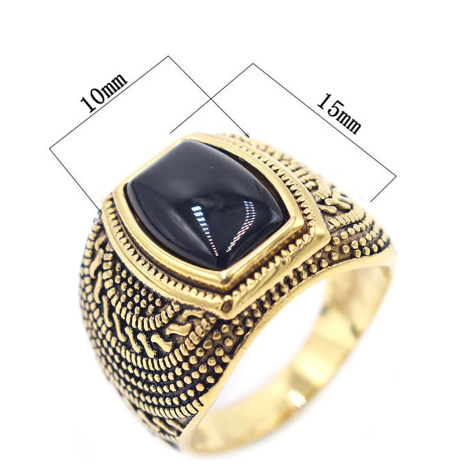 Anillo de boda vintage enchapado en oro de ágata negra de acero inoxidable para hombres y mujeres joyas Foto 4 de 4