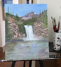 Waterfall painting on canvas, Hand Painted, 14x18 Inches