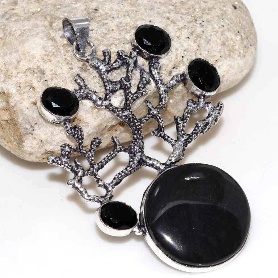 Black Obsidian Black Onyx Long Tree of Life Pendant Jewelry Size 2.8
