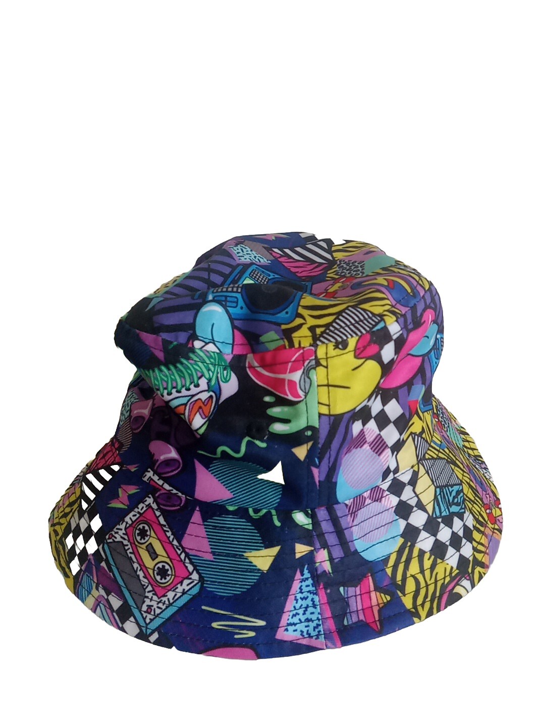 Retro 90s Vibrant All-Over Print Bucket Hat with Full Brim Design