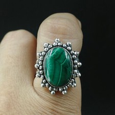 Natural Malachite Oval Gemstone 925 Sterling Silver Ring Size-7 US