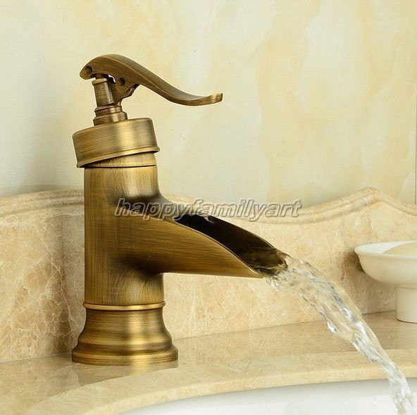 Antique Brass Single Hole Waterfall Bathroom Basin Sink Faucet Mixer Tap yan007