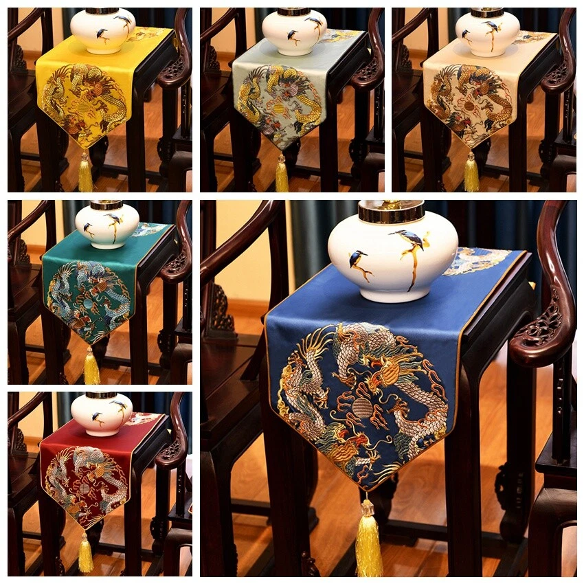 Chinese Table Runner Jacquard Dragon Pattern Tablecloth Tassel Kitchen Home - Image 3 of 4