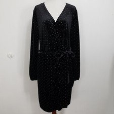 Nine West 1X Faux Wrap Dress Black Velour w/ Tiny Silver Beads Tie Belt NEW $64