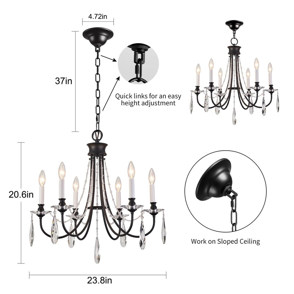 PAFEE Vintage Black Chandelier 6 Light Crystal Kitchen Chandelier